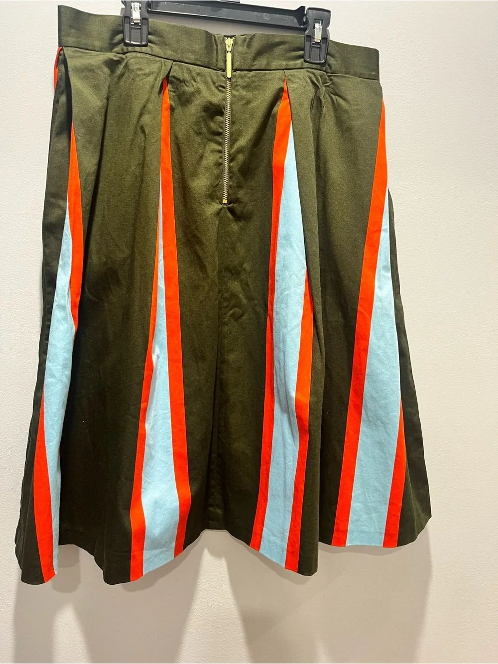Closet London Striped Box Pleat Bell Midi Skirt Olive Green Orange Mod Size 10